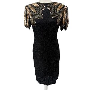 Vintage Flapper Gatsby Fully Beaded Black Open Back Cosplay Mini Dress